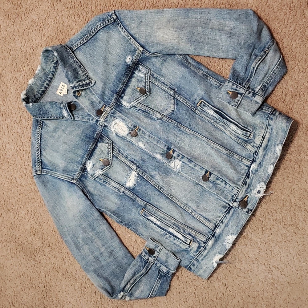 Able Merly Distressed Worn Blue Jean Jacket Button Size M Medium Women's